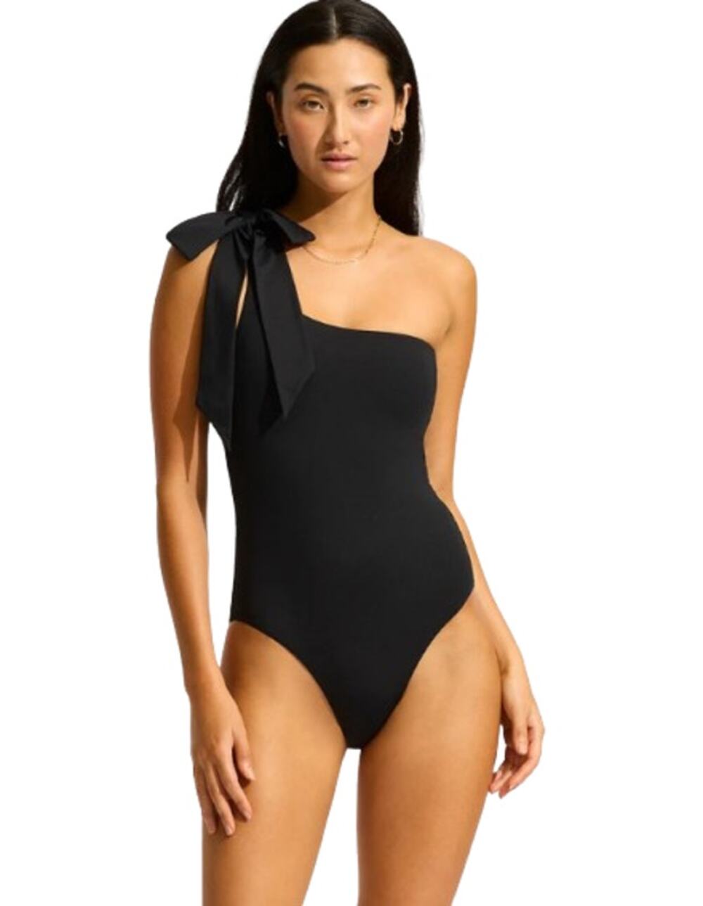 SEAFOLLY Women's Beau One Shoulder Swimsuit Size 4 Black Bow Tie NWT
